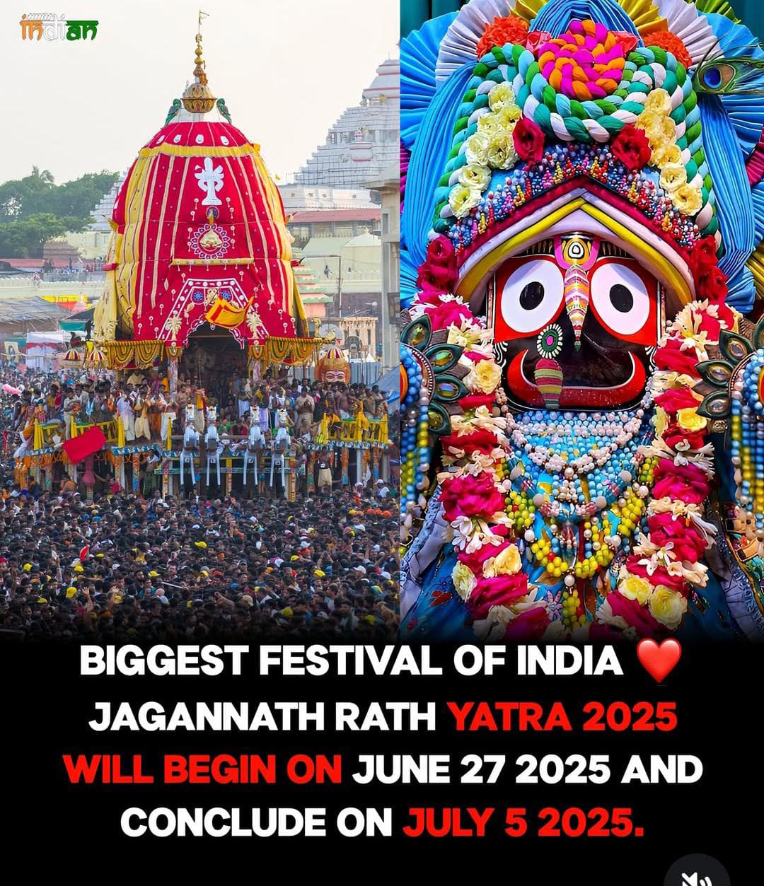 श्री जगन्नाथजी विश्व प्रसिद्ध रथ यात्रा, जिसे नंदी घोष यात्रा भी कहा जाता है, एक प्रसिद्ध हिन्दू त्यौहार है जो हर साल ओडिशा के पुरी सम्मेत विश्व के सभी जगह में मनाया जाता है। : अंजली नंदा (दुनेठा जगन्नाथ मन्दिर सेवासंस्थान